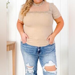 White Birch Short Sleeve Mock Neck Lace Rhinestone Detail Beige